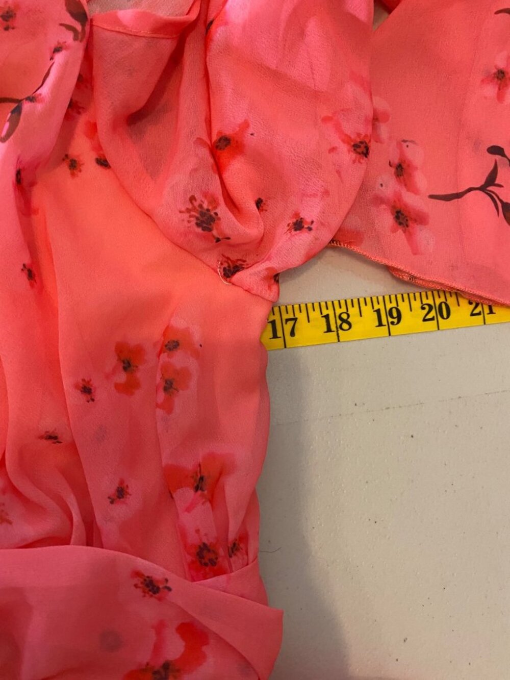 Floral Coral Pink Maxi Dress Sheer Bell Sleeves V-Neck Waist Tie XL - Picture 8 of 11